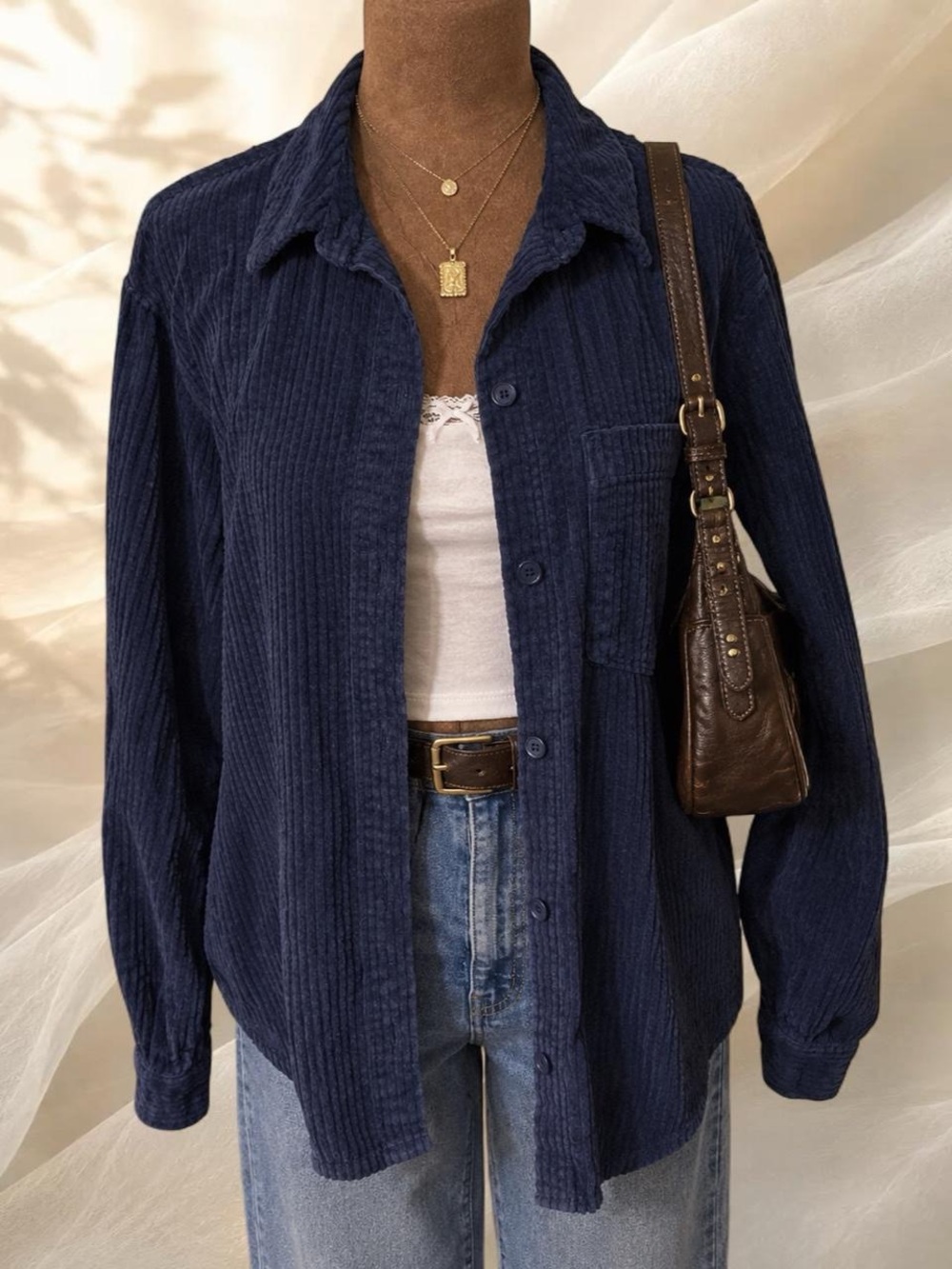 H&M Corduroy Button Down Shirt Jacket Navy Blue Shacket Oversized